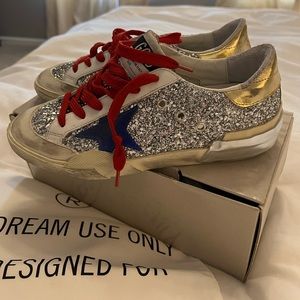 Golden Goose Super-Star Sneakers in silver glitter and multi-foxing